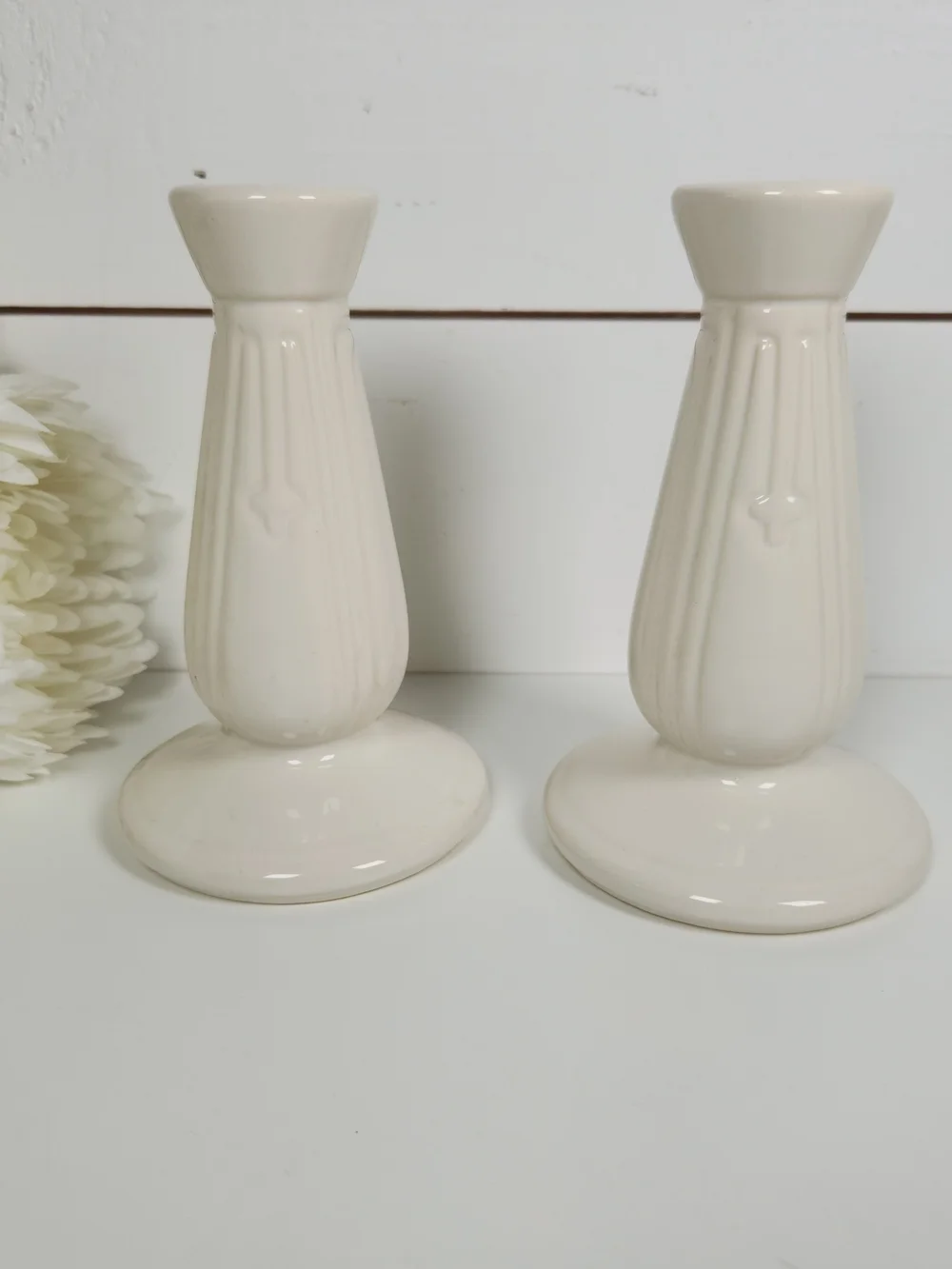Vintage Pair of White Ceramic Pottery Candlestick Holders, Art Deco Design